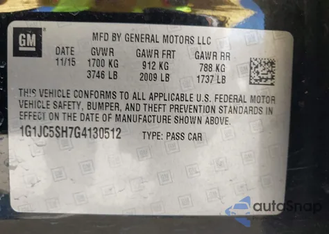 2016 Chevrolet Sonic Lt Auto z USA, uszkodzony, nr VIN 1G1JC5SH7G4130512